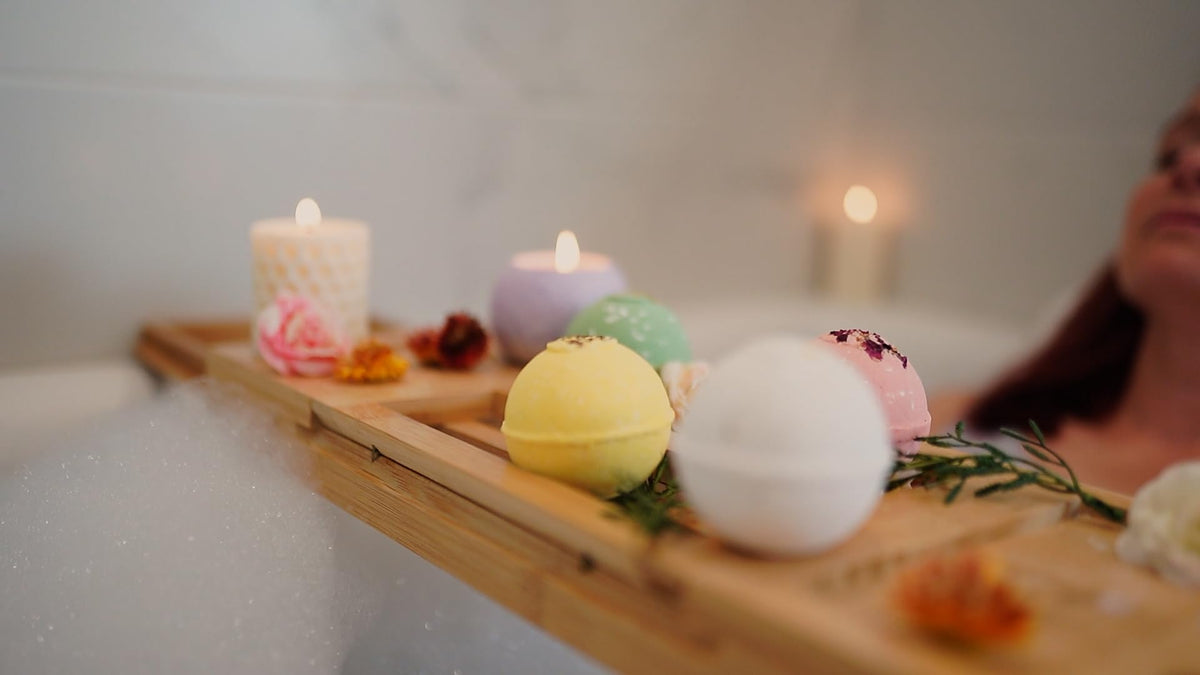 Relaxcation bath bomb set displayed with natural elements