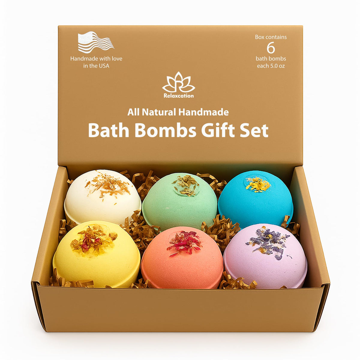 Relaxcation Organic Bath Bombs Gift Set with six natural scents