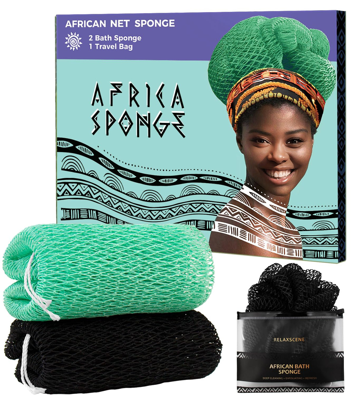 RelaxScene African Exfoliating Net Sponge black and seawave front view