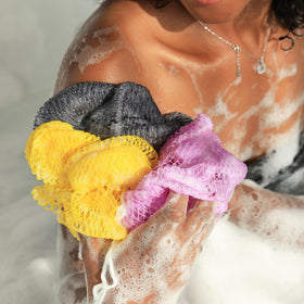 RelaxScene Authentic African Net Sponge in use during shower