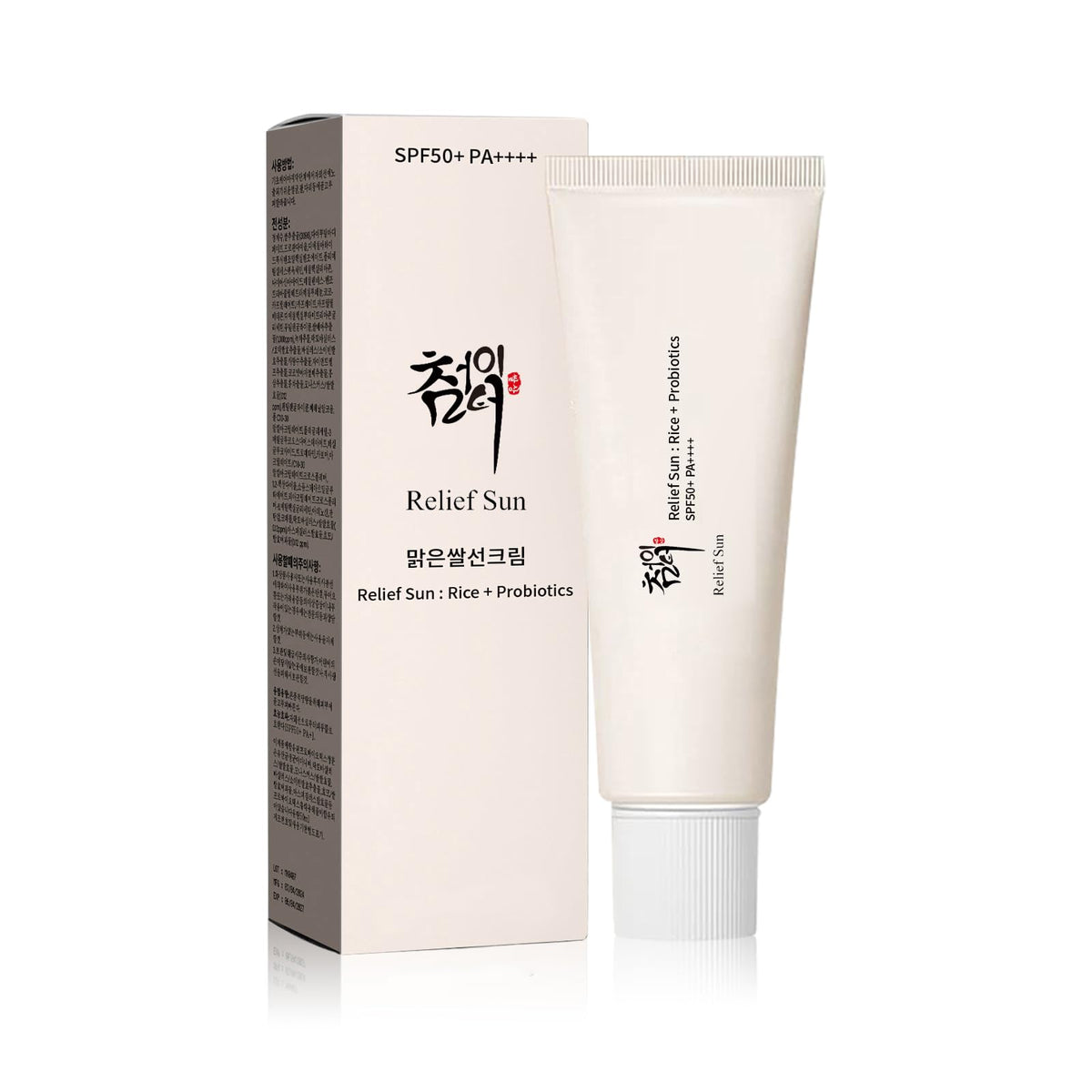 RELIEF SUN Organic Korean Sunscreen SPF50+ front view with rice extract packaging