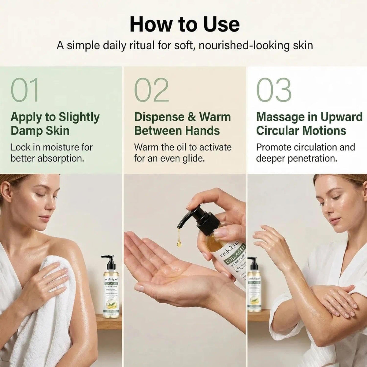 Relify Orelvique Collagen Oil with ingredients display