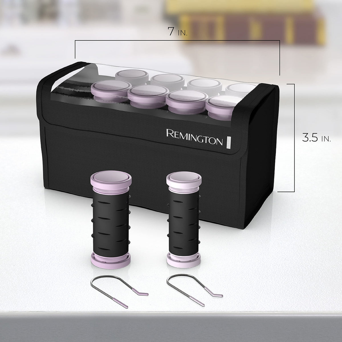 Remington Compact Ceramic Hot Rollers displayed with styling accessories