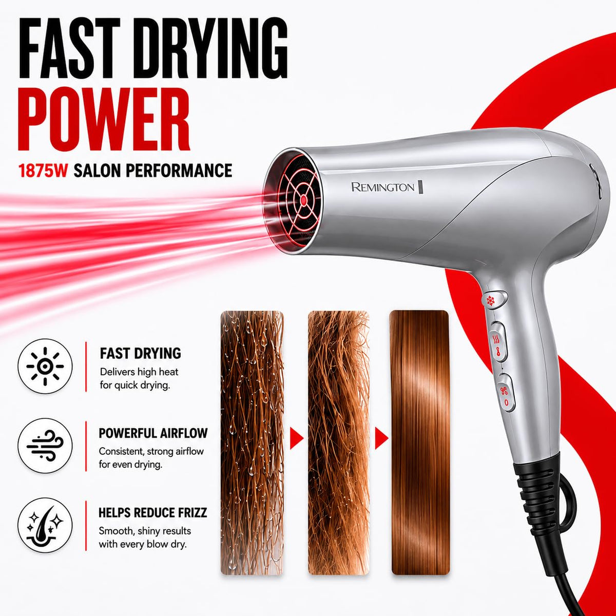 Remington Damage Protection Hair Dryer with concentrator nozzle attached