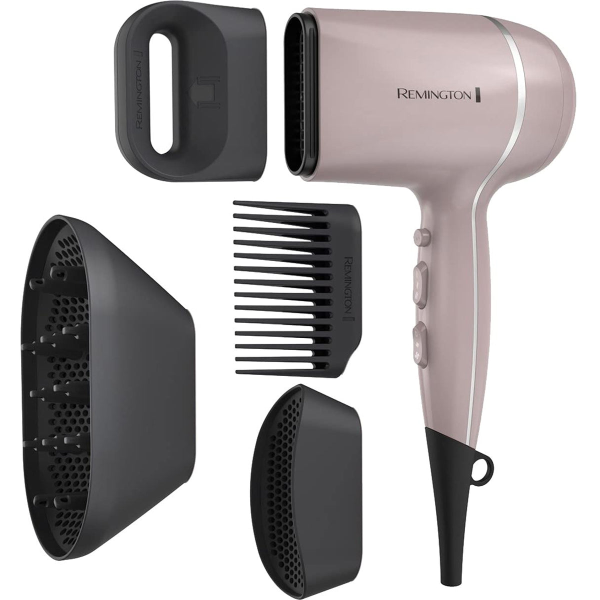 Remington Pro Wet2Style Hair Dryer front view with attachments