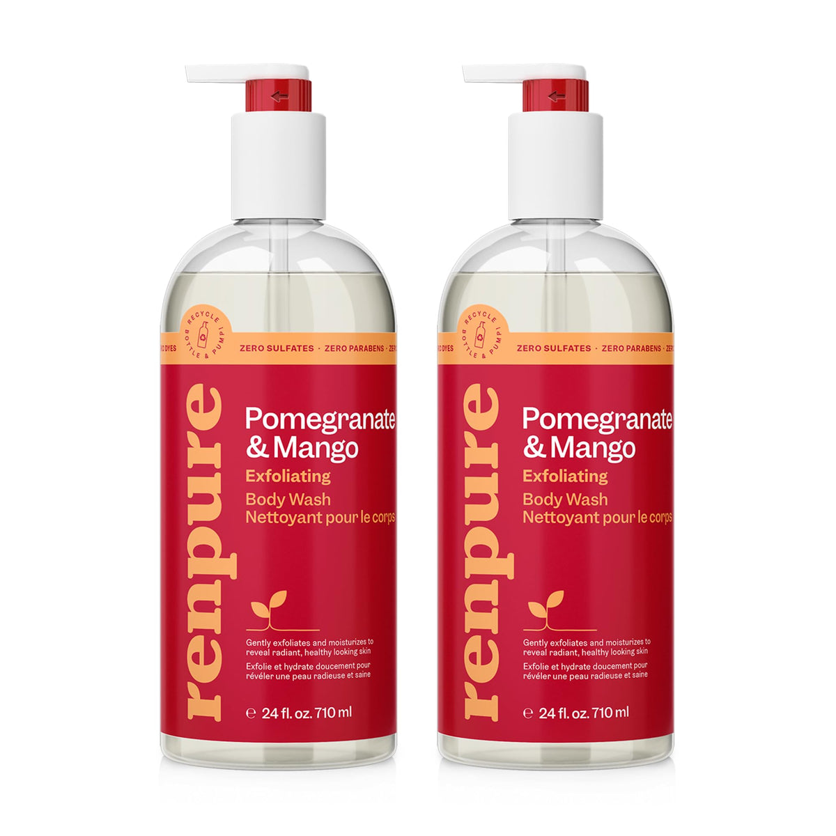 RENPURE Pomegranate & Mango Exfoliating Body Wash 2x24oz front view