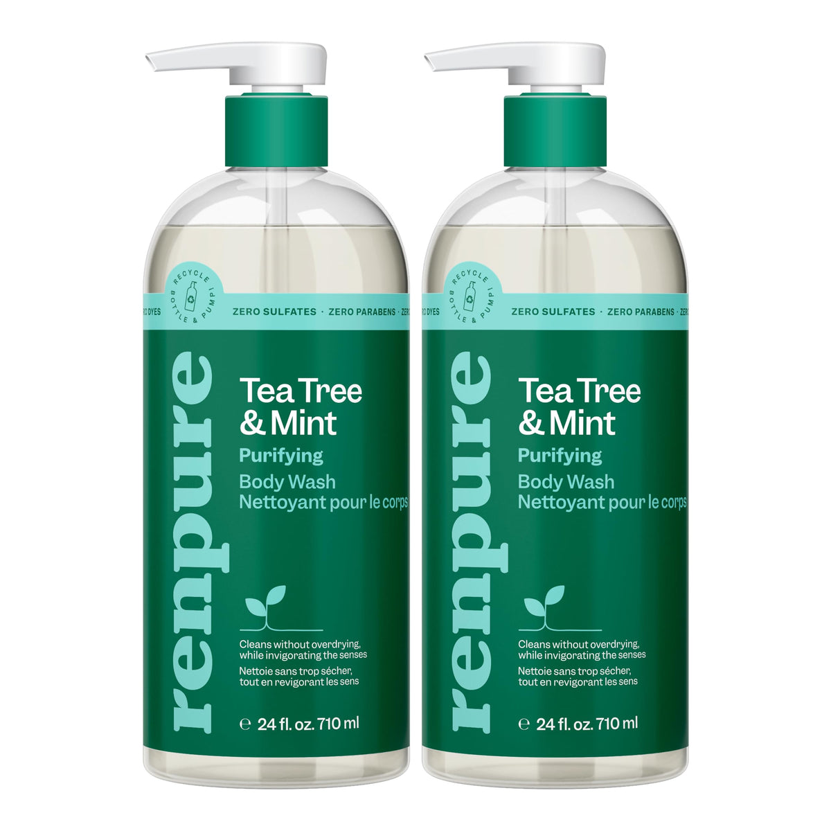RENPURE Tea Tree & Mint Purifying Body Wash front view, 2x24oz bottles