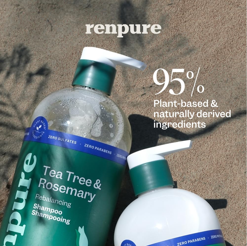 RENPURE Tea Tree & Rosemary Shampoo bottle close-up with label