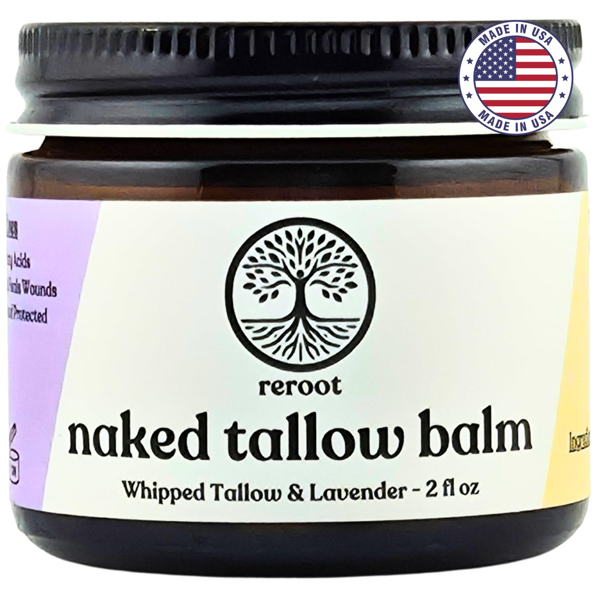 Reroot Organics Lavender Naked Tallow Balm front view with label