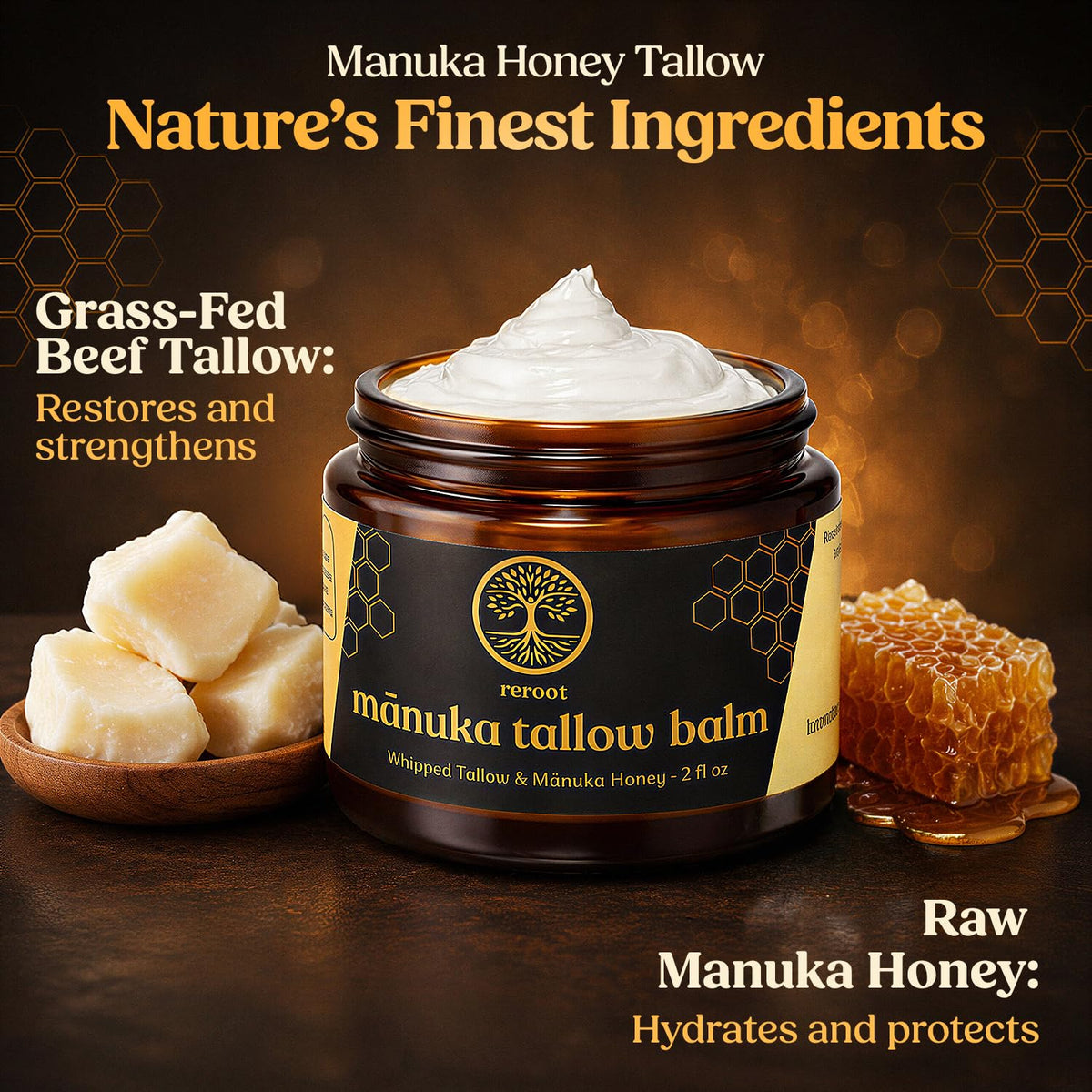 Reroot Organics Manuka Honey Beef Tallow Balm creamy texture close-up