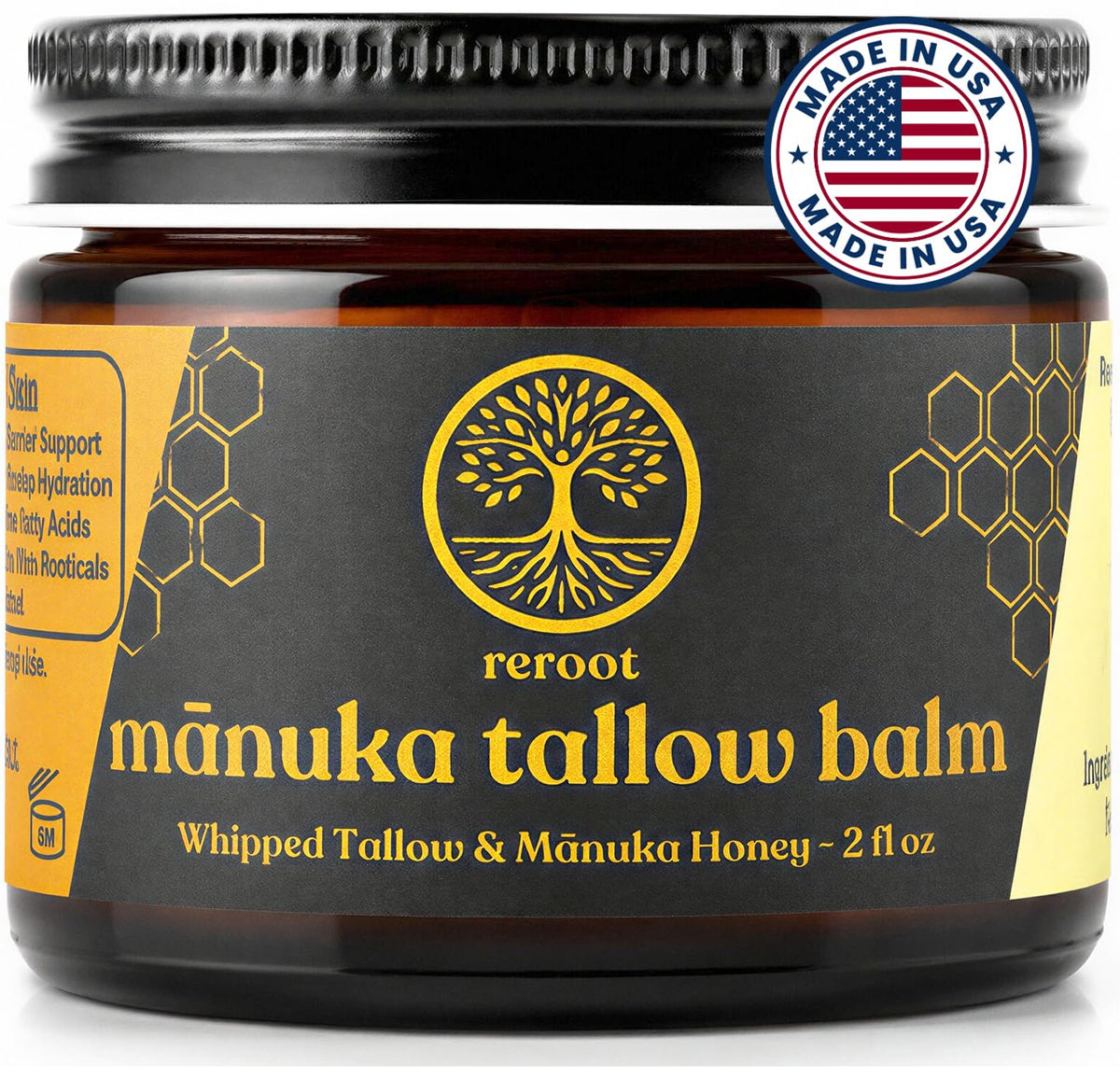 Reroot Organics Manuka Honey Beef Tallow Balm front view, 2oz