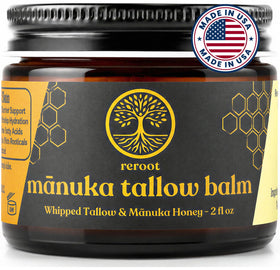 Reroot Organics Manuka Honey Beef Tallow Balm front view, 2oz