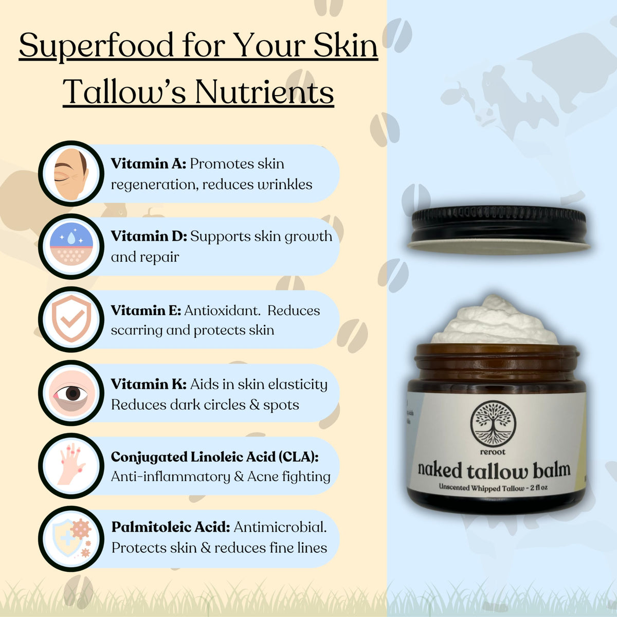 Reroot Organics Naked Tallow Balm 2oz displayed with natural ingredients