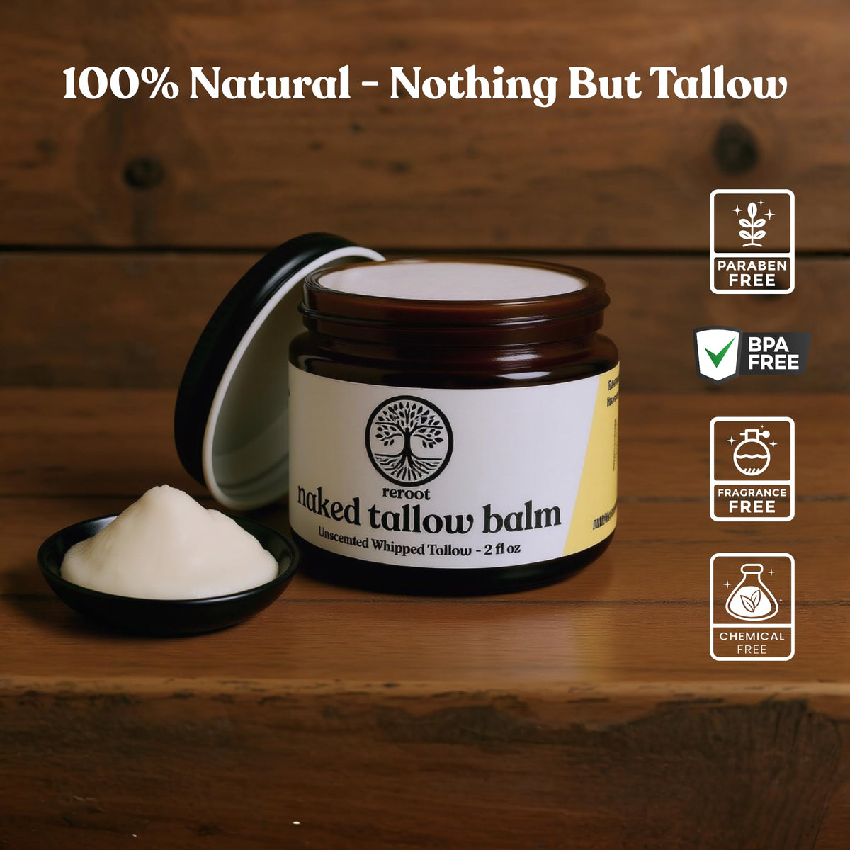 Reroot Organics Naked Tallow Balm 2oz packaging close-up