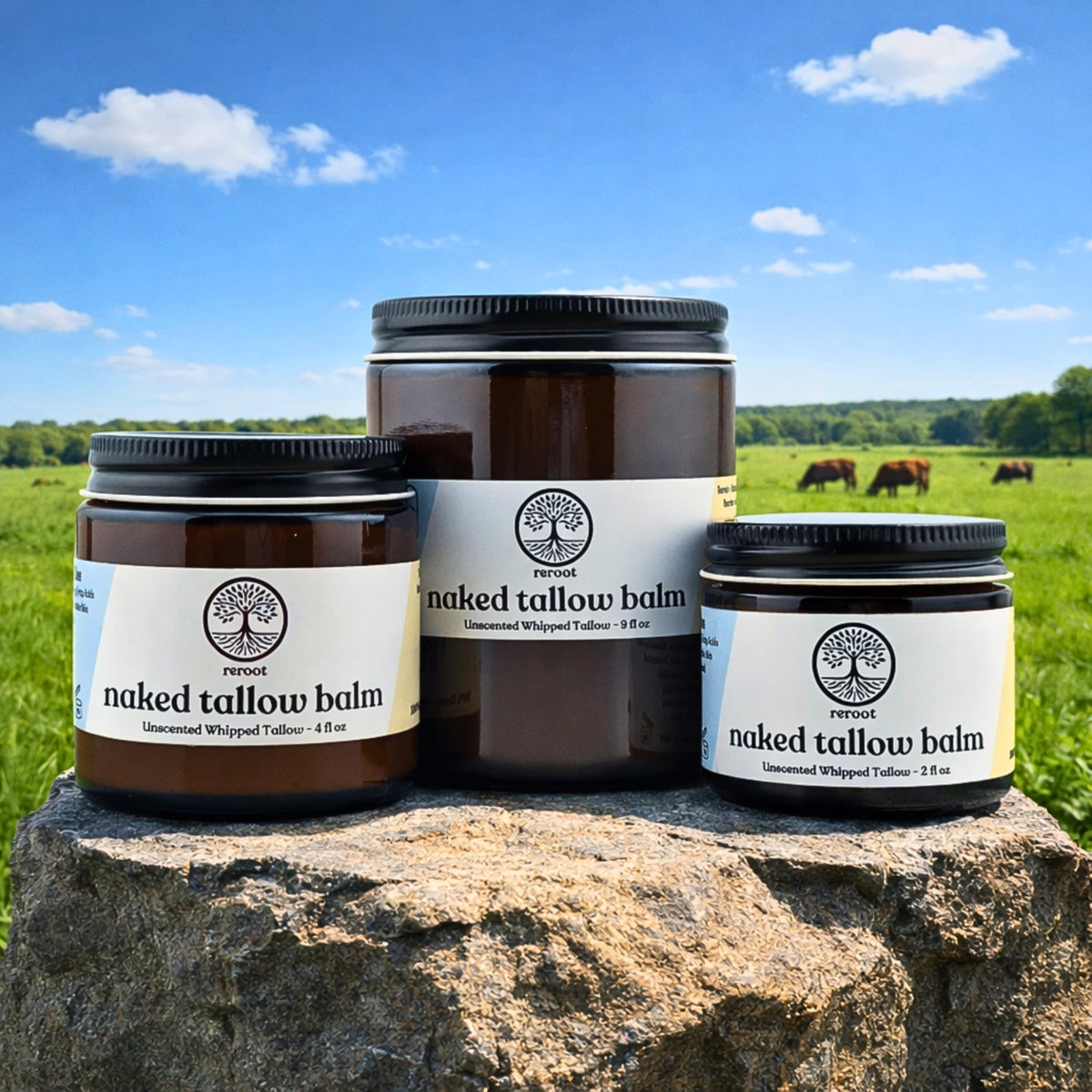 Reroot Organics Naked Tallow Balm in a bathroom setting