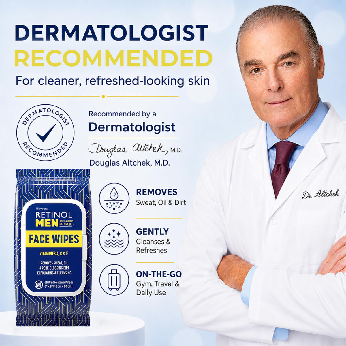 Retinol Face Wipes for Men on a travel bag