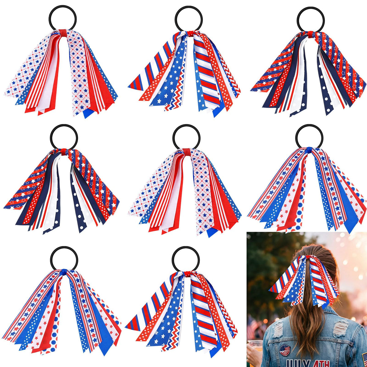 Retrowavy patriotic red white blue ribbon hair ties front view