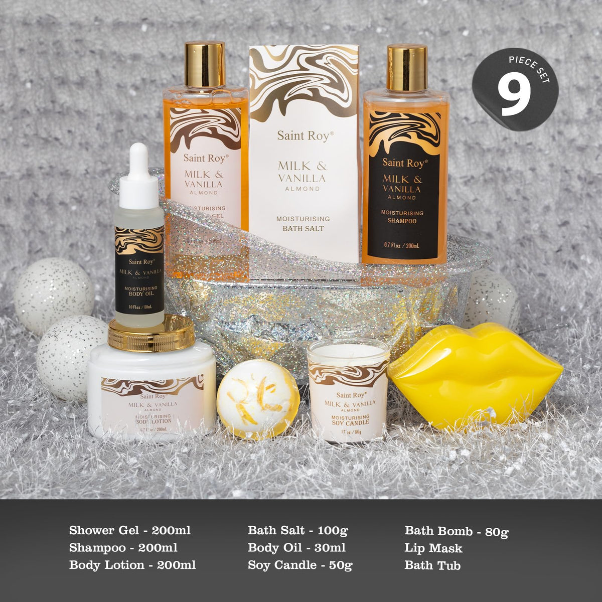 Reusable bath tub containing bath products from Saint Roy