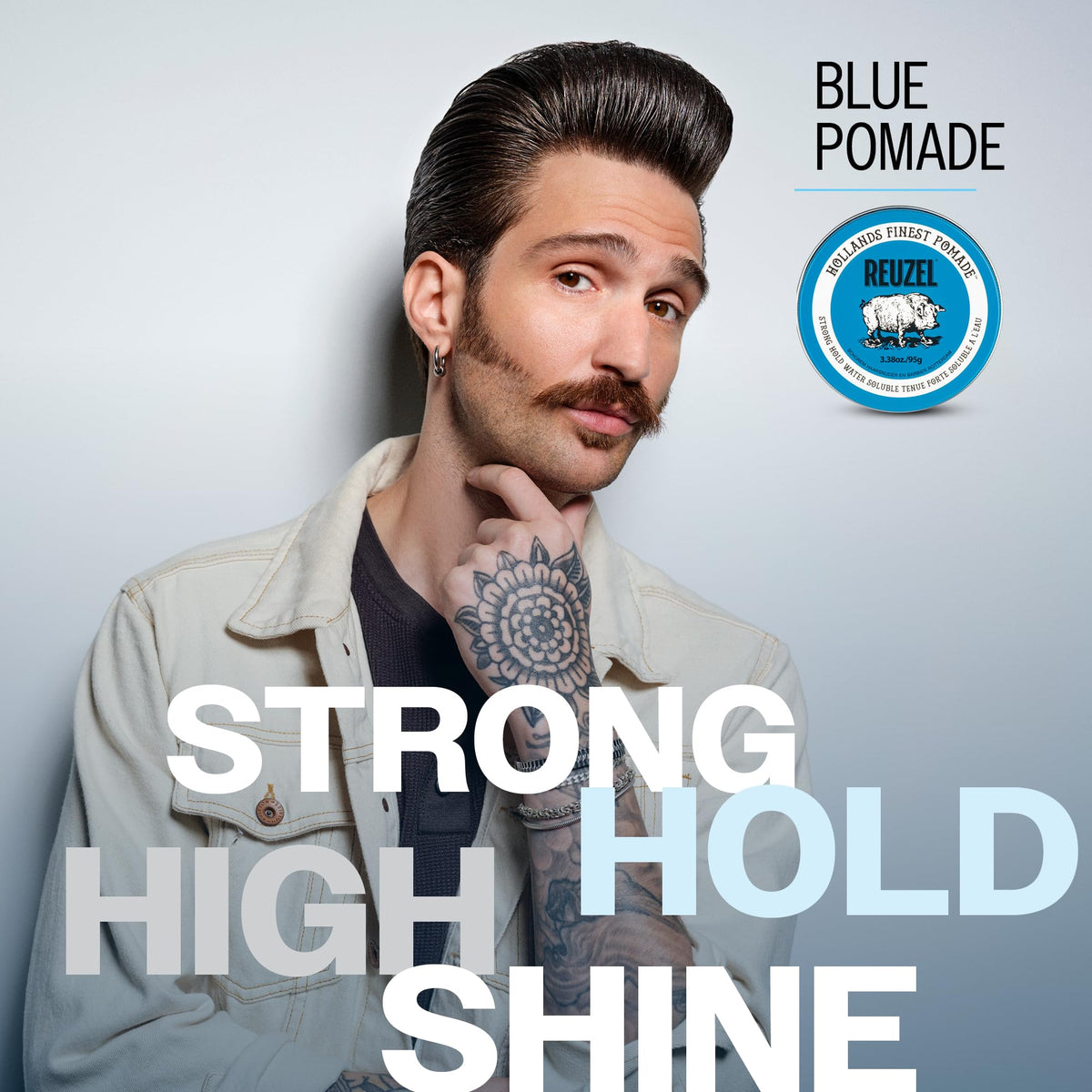 REUZEL Blue Pomade packaging with glossy finish