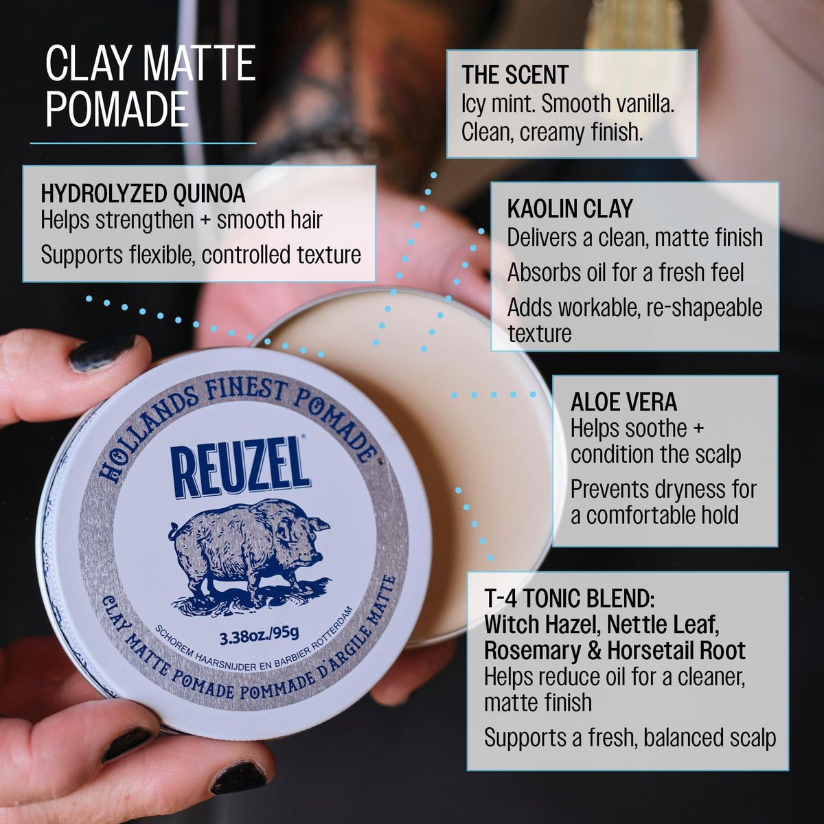 REUZEL Clay Matte Pomade 100g in a grooming setup
