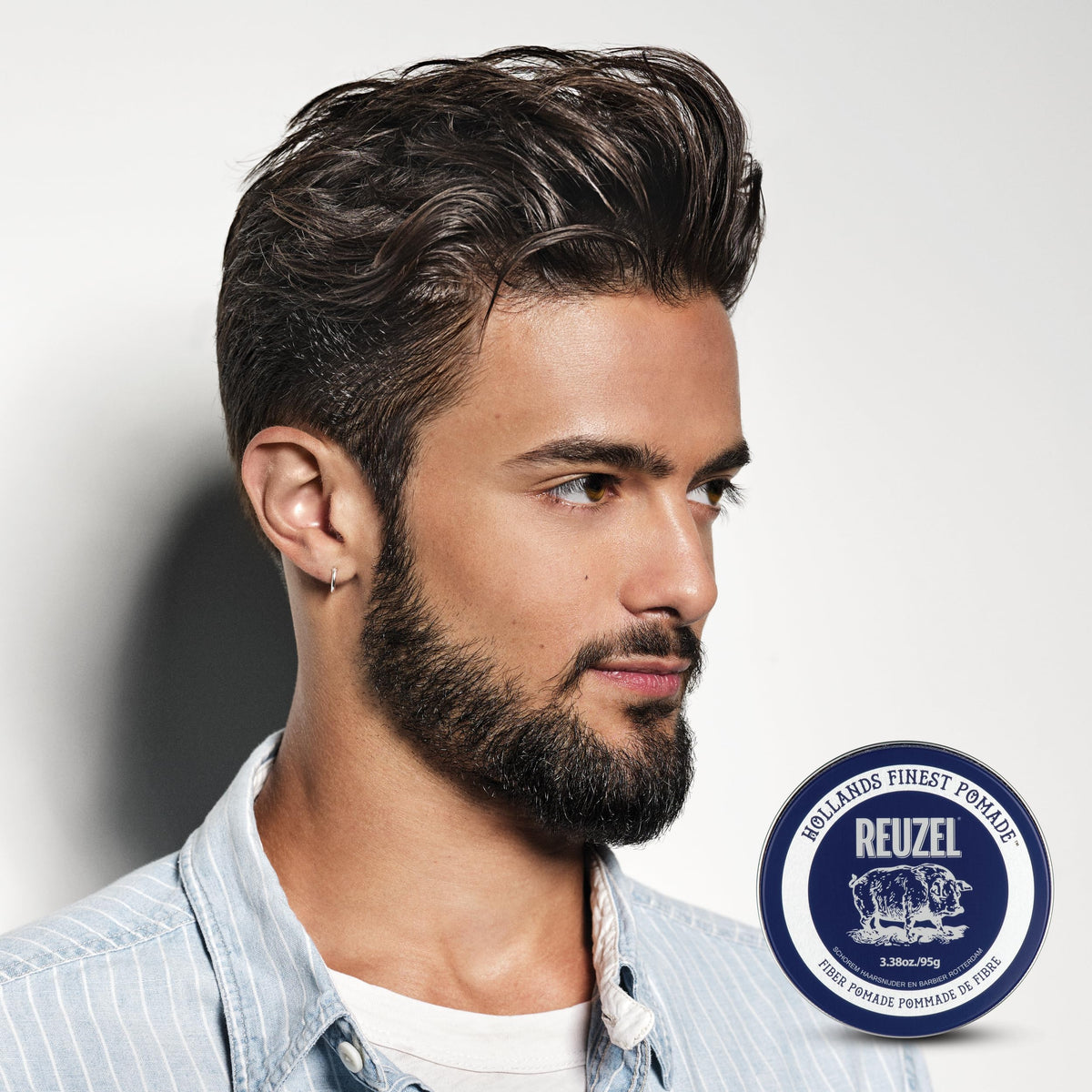 REUZEL Fiber Pomade 1.3oz travel tin side view
