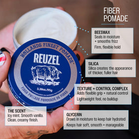 REUZEL Fiber Pomade 95g lifestyle scene with model