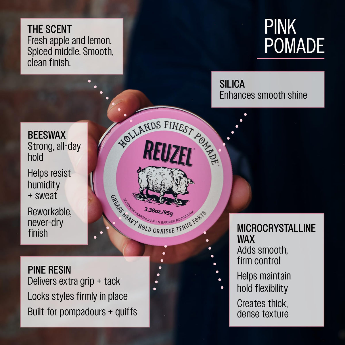 REUZEL Pink Pomade Heavy Hold 110g with styling tools