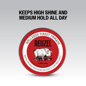 REUZEL Red Pomade 95g on a grooming table