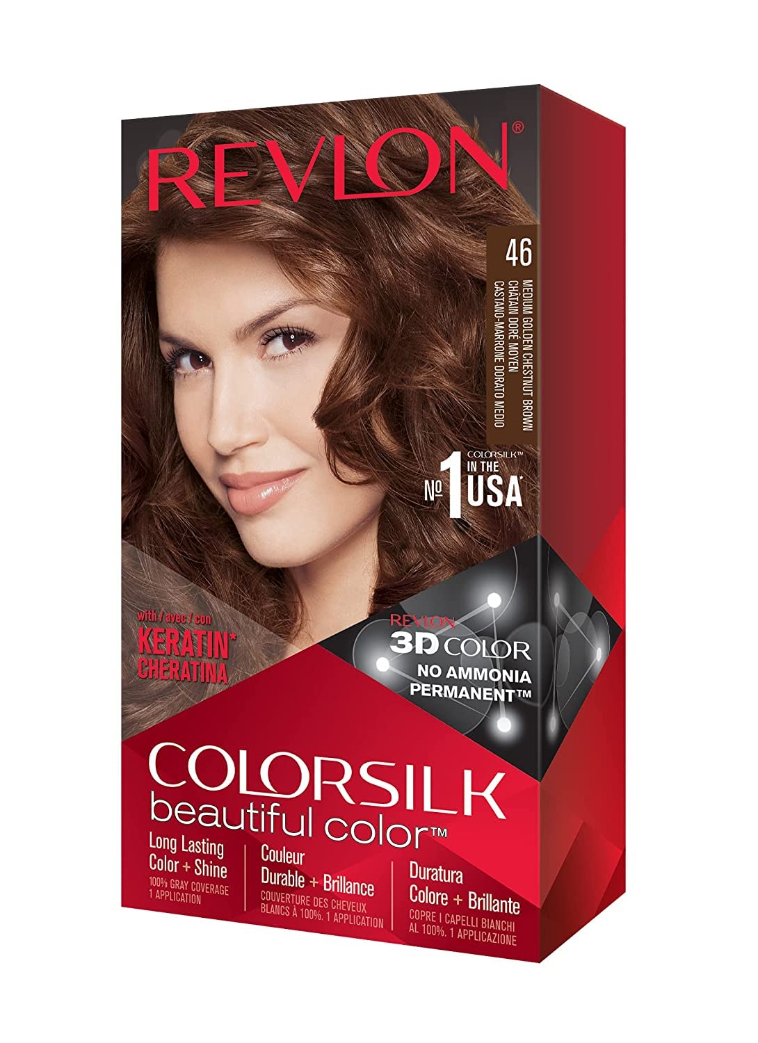 REVLON Colorsilk Beautiful Color Medium Golden Chestnut Brown packaging front view