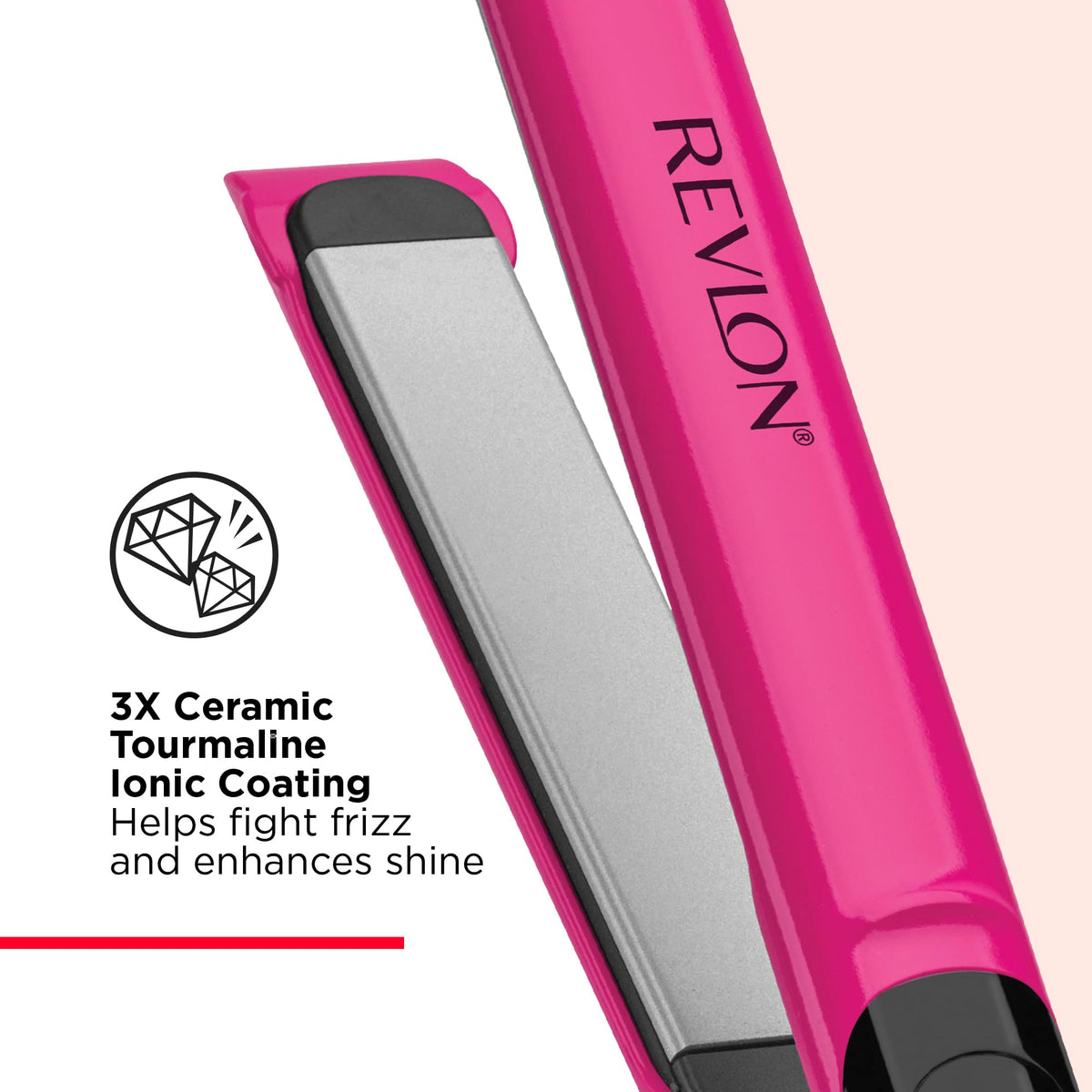 REVLON flat iron showing ceramic coating and controls