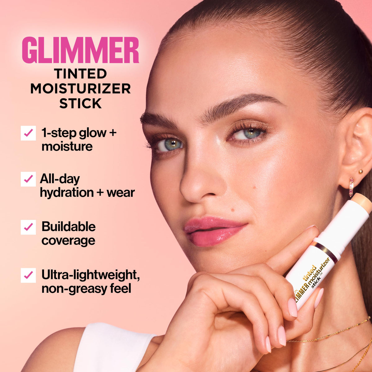 REVLON Glimmer Tinted Moisturizer Stick in use on model