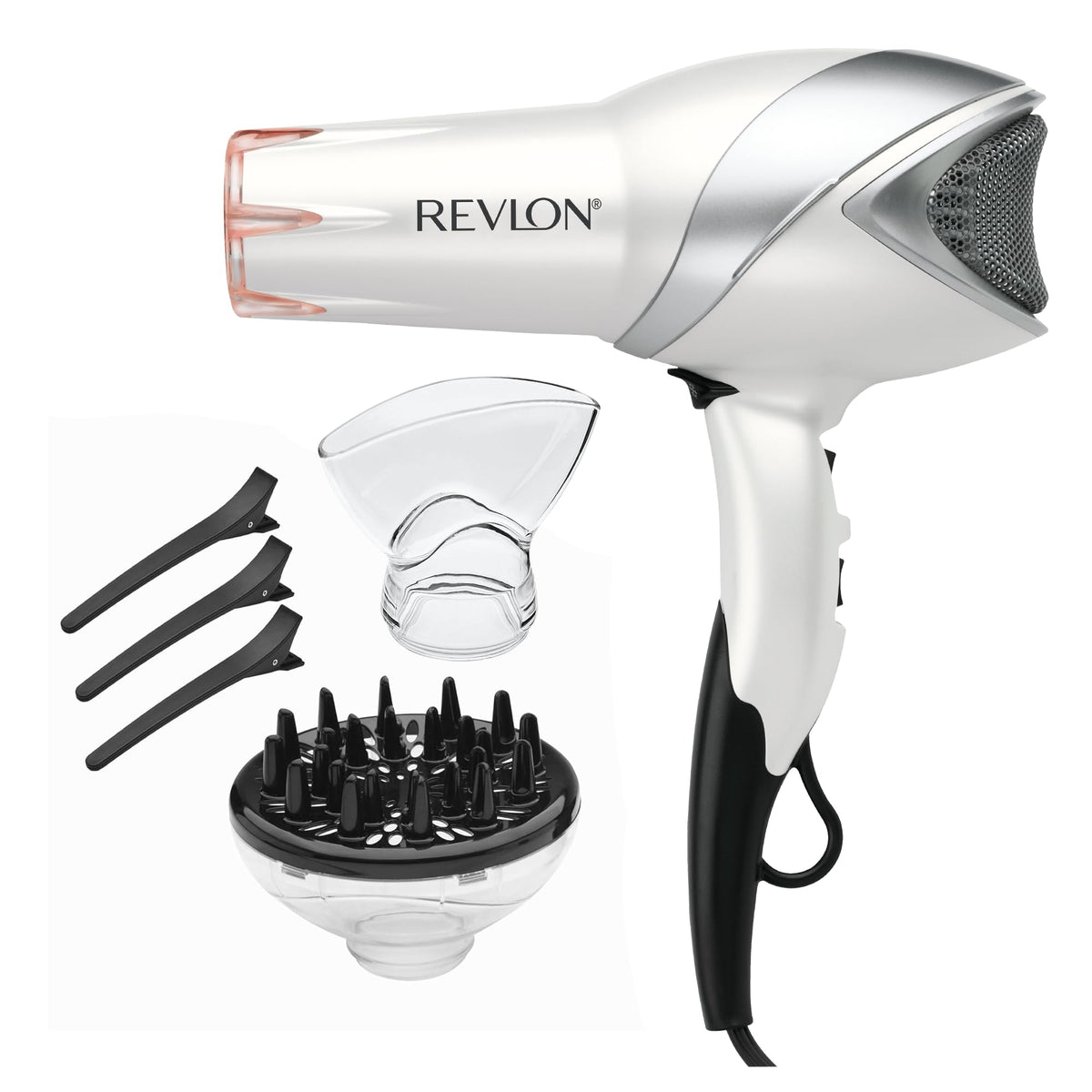 REVLON Infrared Ionic Hair Dryer front view with diffuser and concentrator