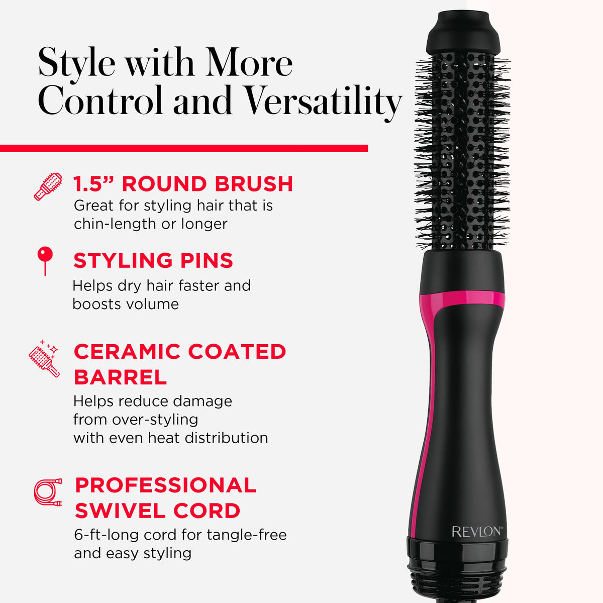 REVLON One-Step Root support Round Brush Hair Dryer in use on hair