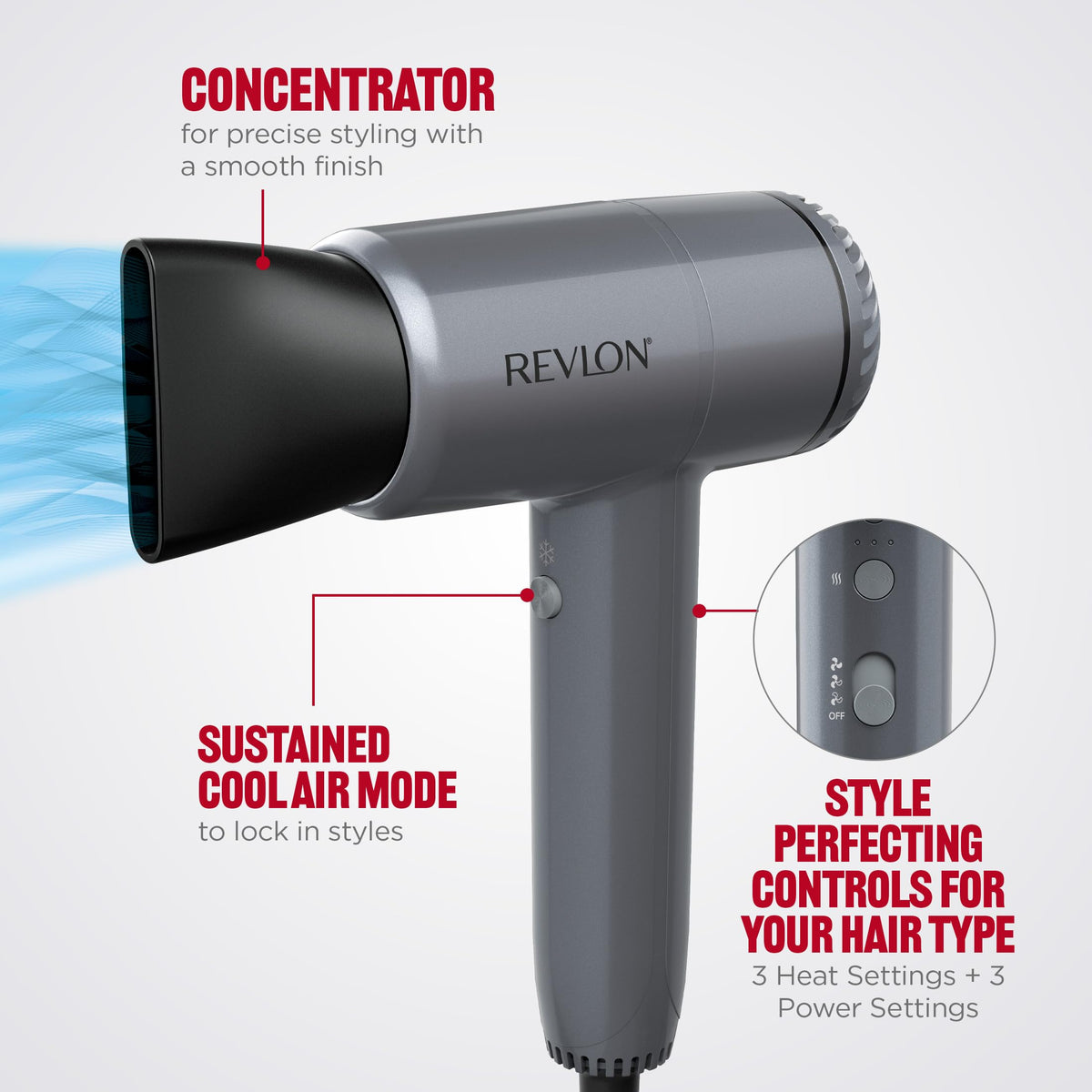 REVLON PowerMove Hair Dryer in use with smooth hair finish