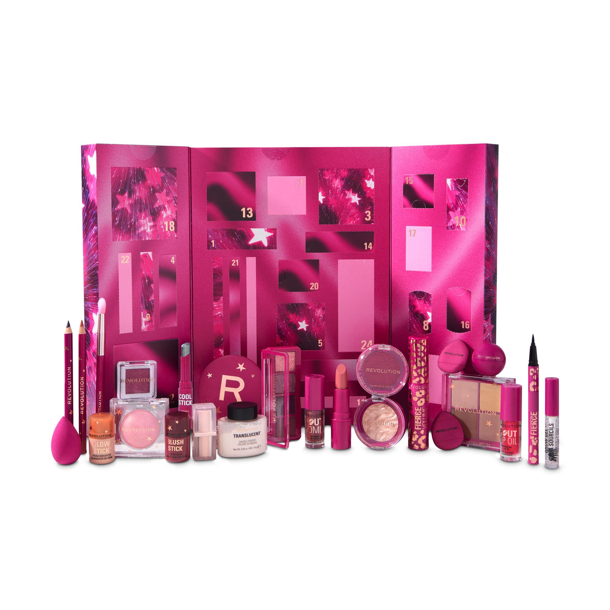 Revolution Beauty Advent Calendar front view with 24 makeup products