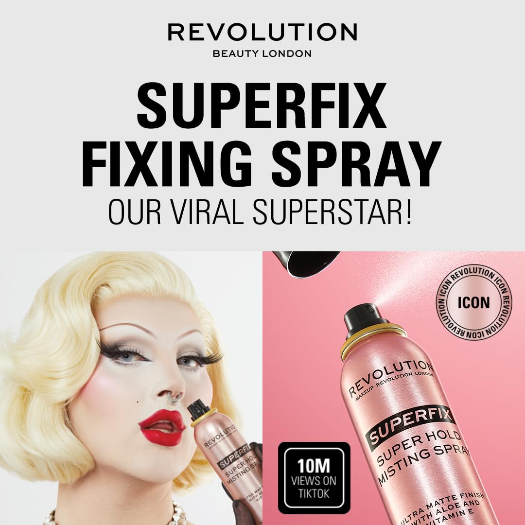 Revolution Beauty Superfix Misting Spray packaging on a vanity