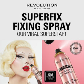 Revolution Beauty Superfix Misting Spray packaging on a vanity