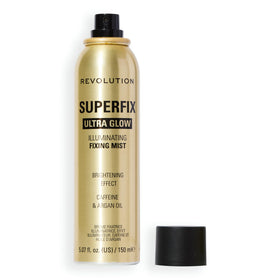 Revolution Superfix Glow Fixing Mist front view with shimmering particles