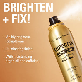 Revolution Superfix Glow Fixing Mist on a vanity with makeup products
