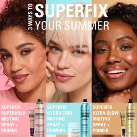 Revolution Superfix Glow Fixing Mist with a backdrop of summer scenery