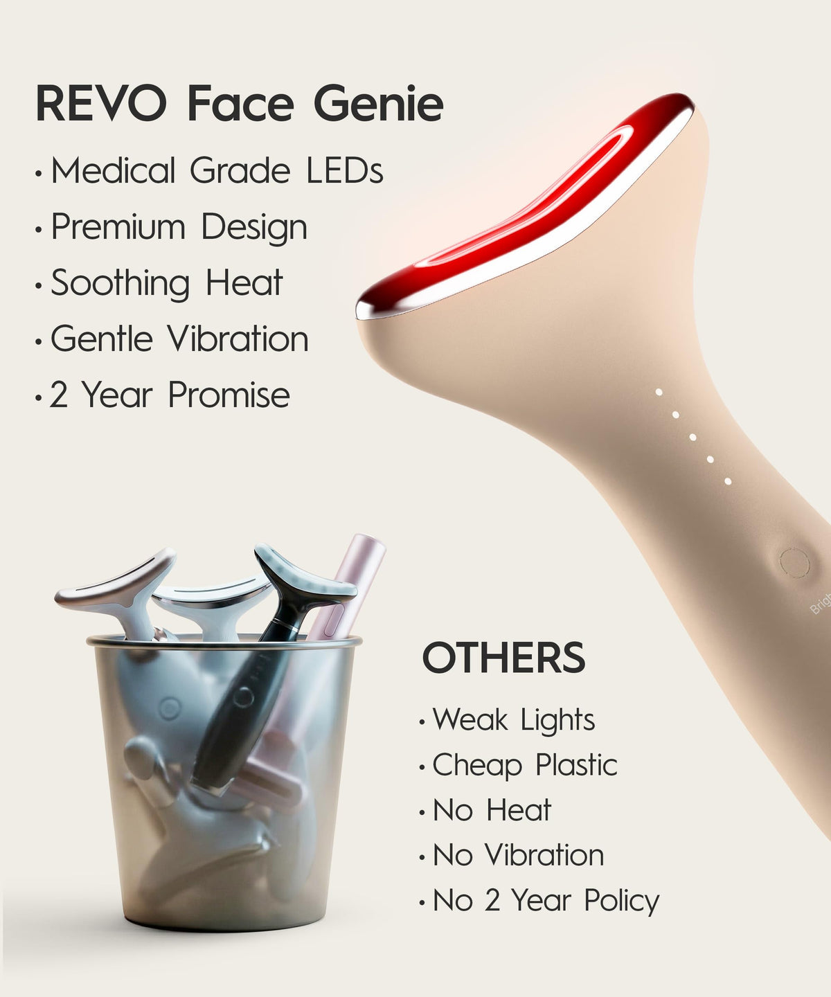 REVOMADIC REVO Genie Facial Massager displaying red light mode