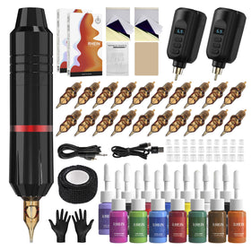 RHEIN Wireless Tattoo Gun Kit with accessories laid out