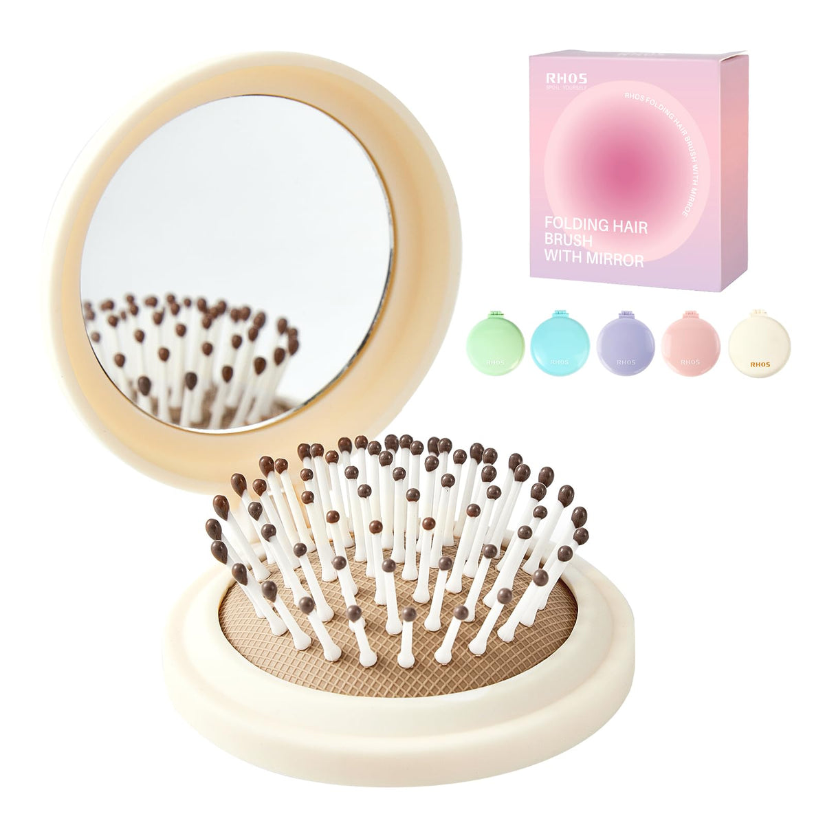 RHOS Compact Foldable Hair Brush beige model front view with mirror