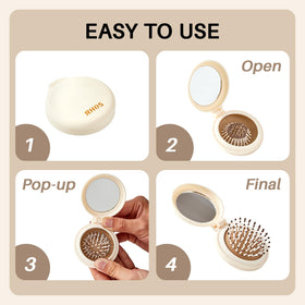 RHOS Compact Foldable Hair Brush on a bathroom counter