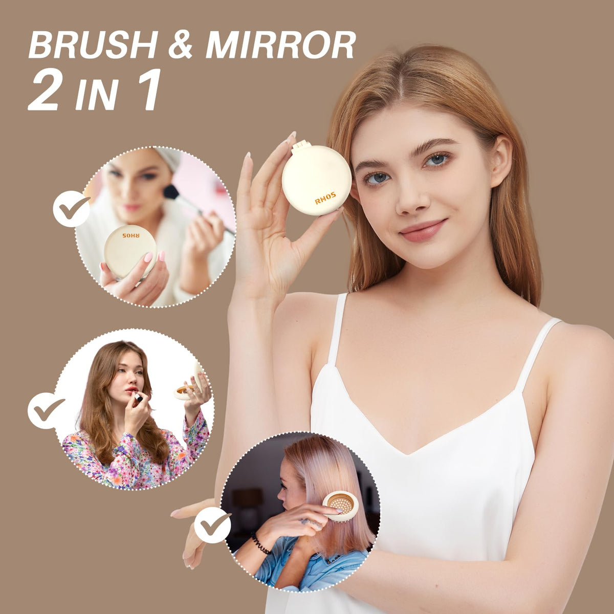 RHOS Compact Foldable Hair Brush open view with mirror