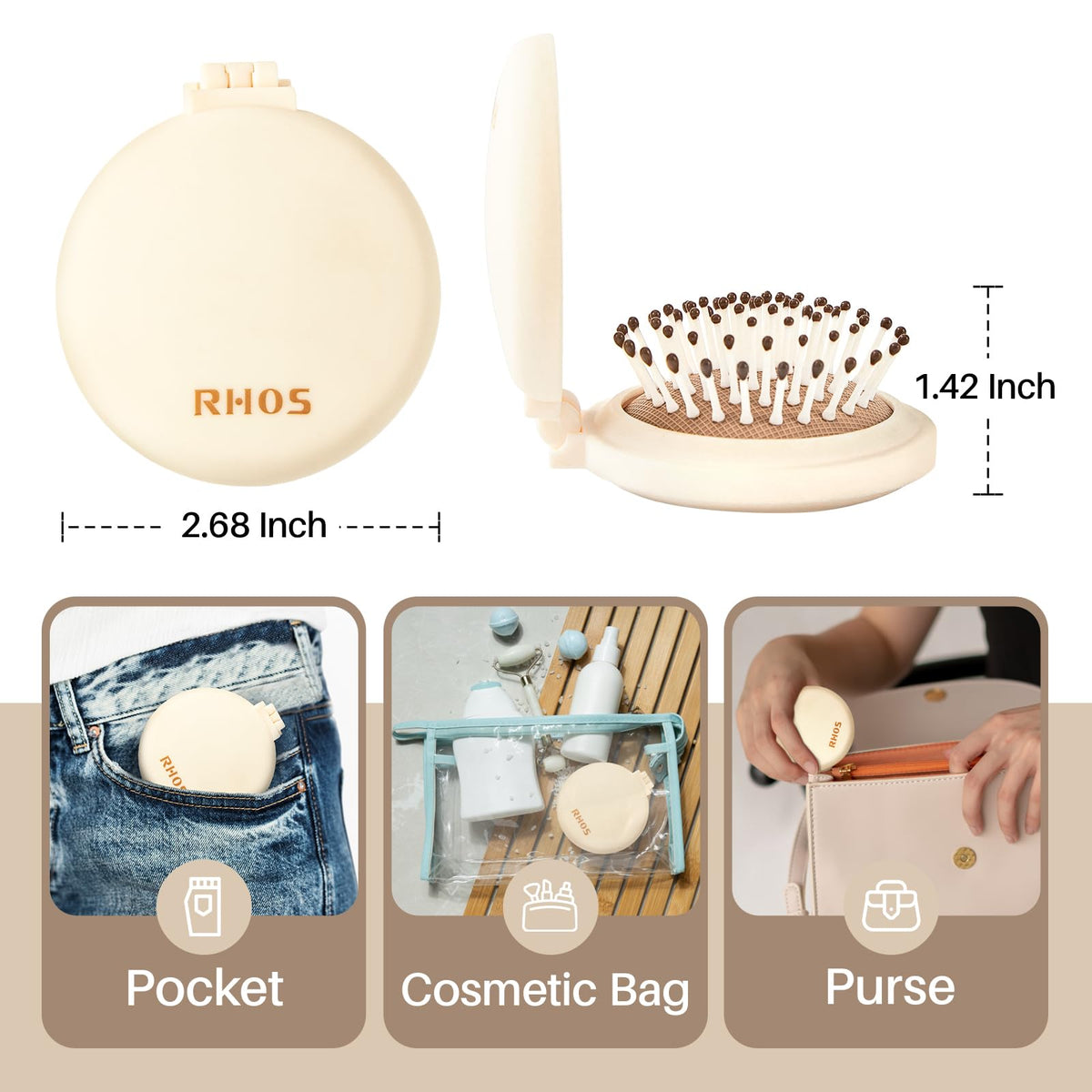 RHOS Compact Foldable Hair Brush side view showing bristles
