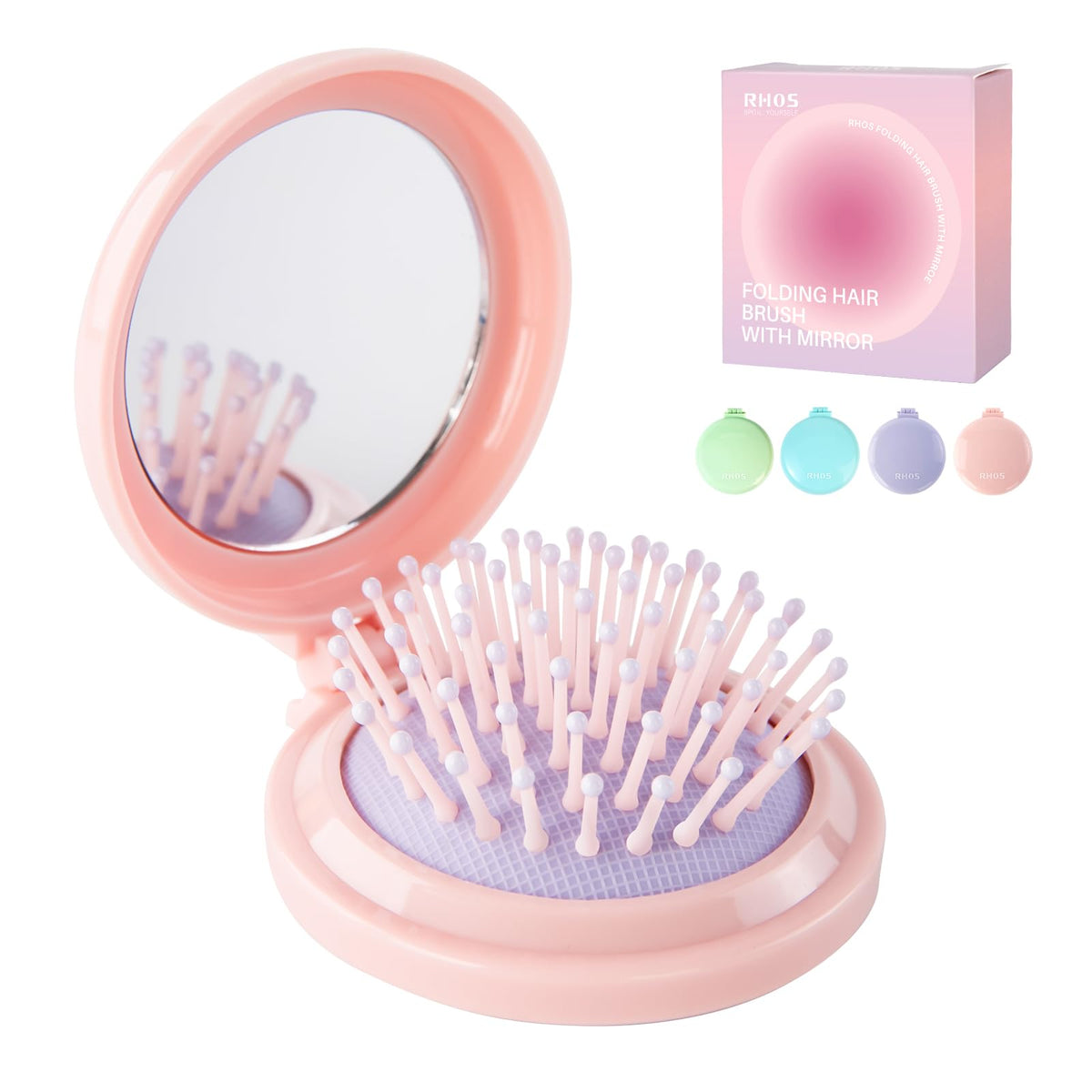 RHOS Folding Hair Brush with Mirror in Pink, front view