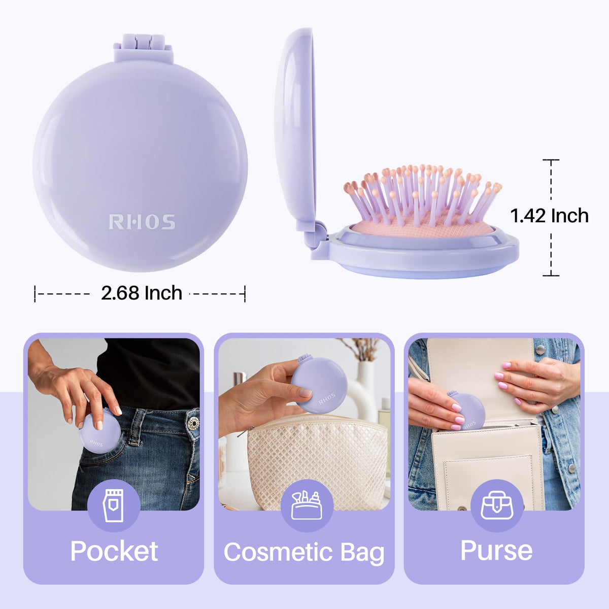 RHOS hair brush showing soft nylon bristles