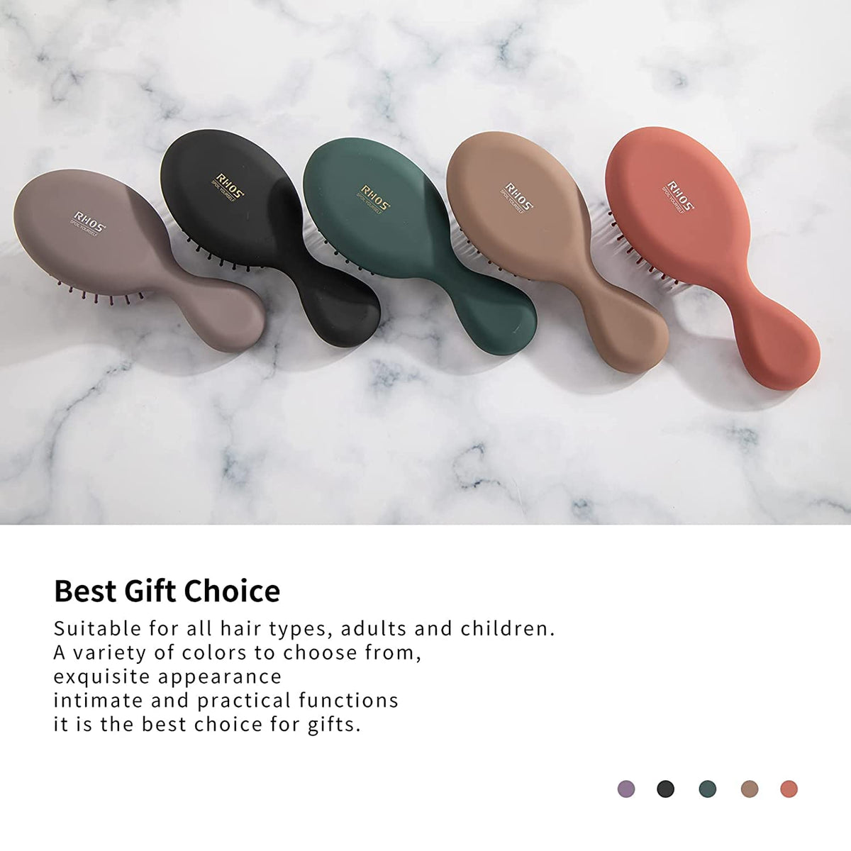 RHOS Mini Hair Brush displayed on a bathroom counter
