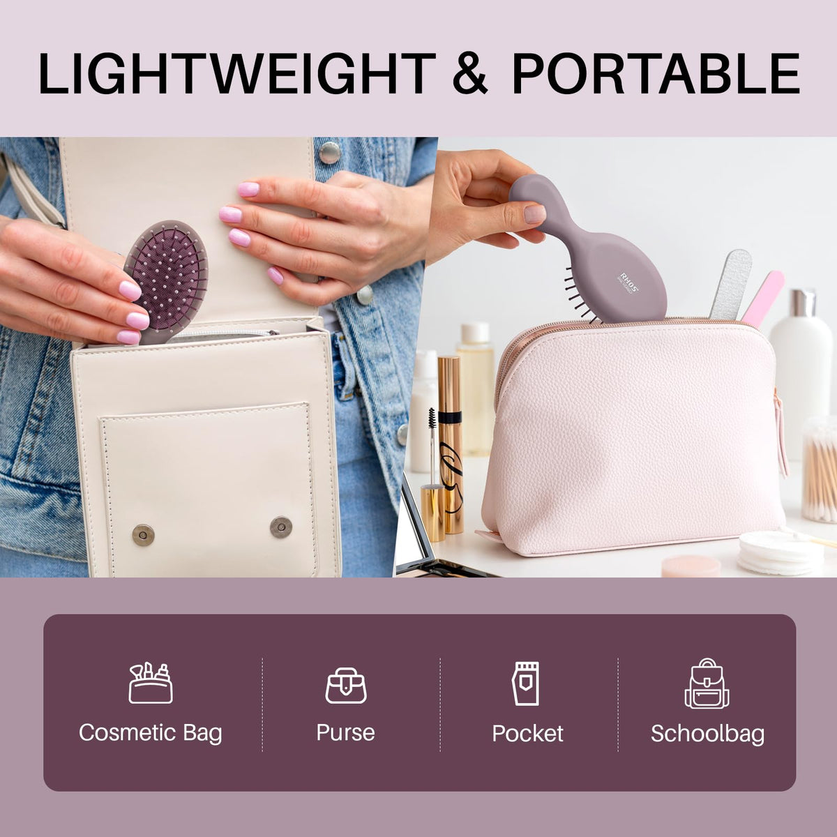 RHOS Mini Hair Brush in a purse for easy travel